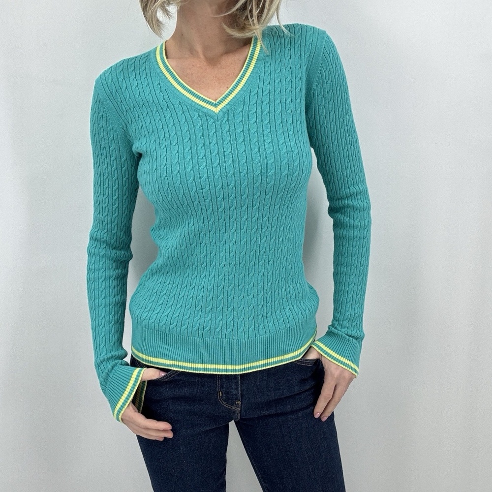 Tommy Hilfiger Womens Sweater Small Varsity Stripe V-Neck Cable Knit Preppy Teal